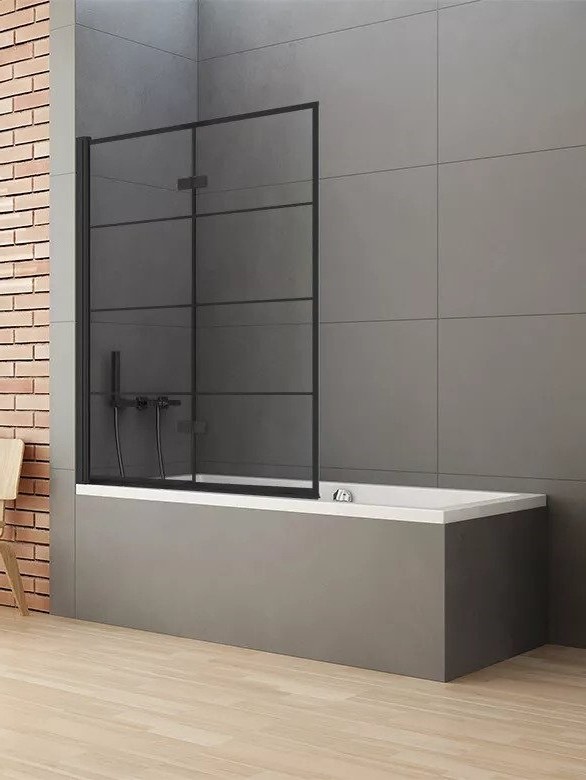New Trendy New Soleo Black Parawan Wannowy 100x140 cm Skrzydło Pojedyncze Składane Szkło Przezroczyste 6 mm Wzór Kratka (P-0049)